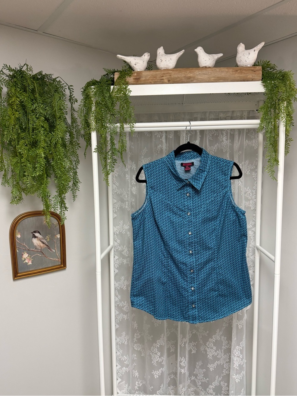 Rock & Roll Denim Western Snap Sleeveless Top XL Blue Horseshoe Print Shirt
